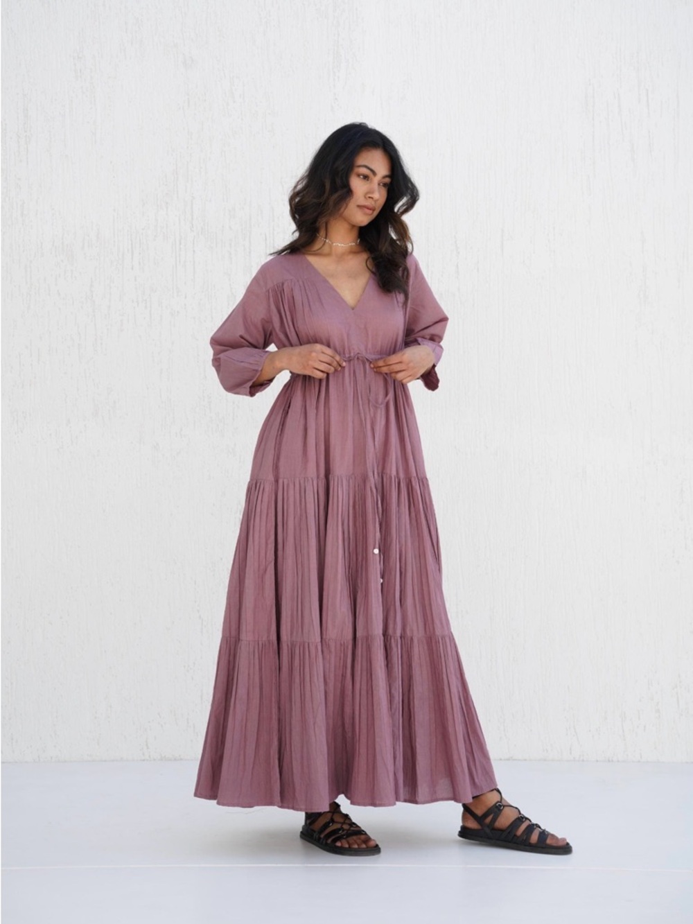 V-Neck Tiered Maxi Dress with Drawstring Waist